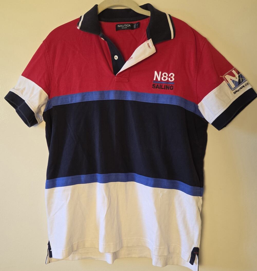 Vintage Nautica N83 Sailing Polo Shirt Men Size M Colorblock Red Navy White Y2K